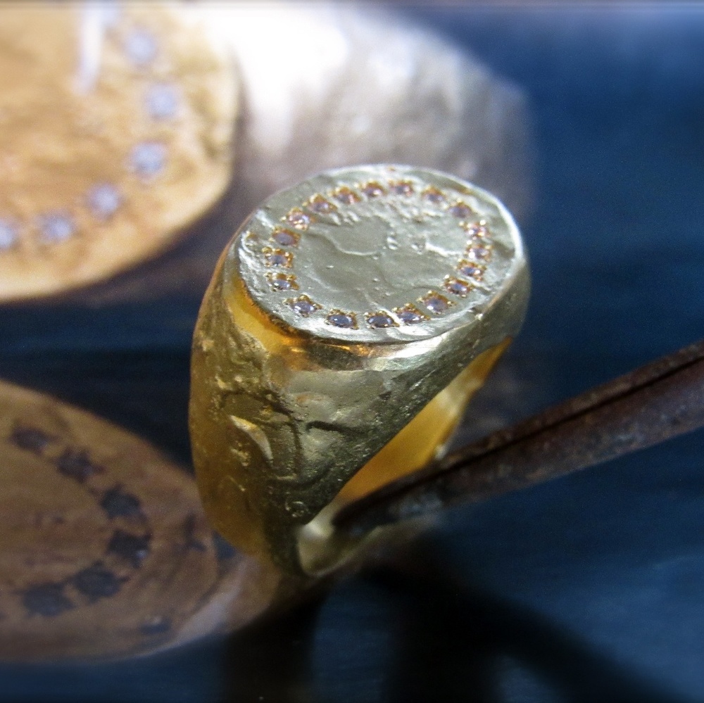 14k solid Yellow gold signet ring with Diamonds.